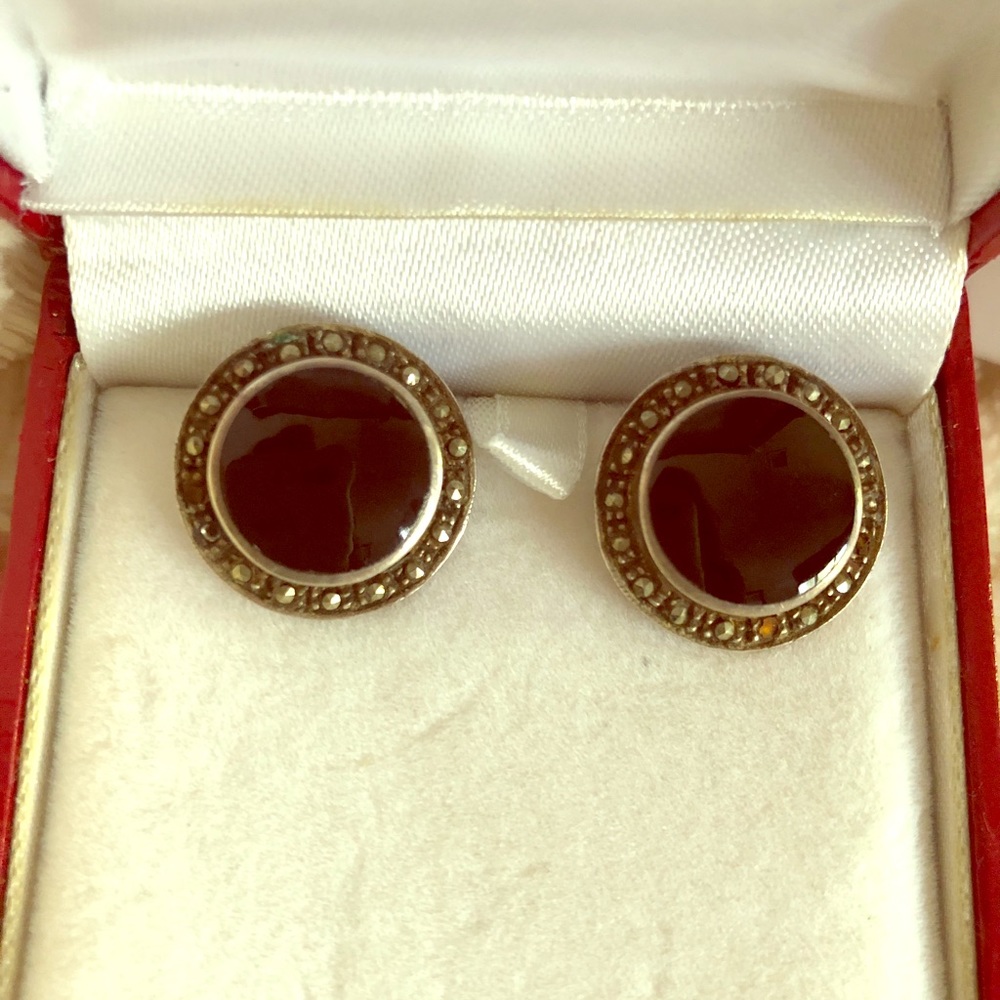 Silver, jet and marcasite Art Deco earrings